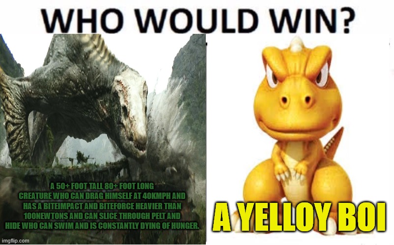 Ramarak versus Gon | A 50+ FOOT TALL 80+ FOOT LONG CREATURE WHO CAN DRAG HIMSELF AT 40KMPH AND HAS A BITEIMPACT AND BITEFORCE HEAVIER THAN 100NEWTONS AND CAN SLICE THROUGH PELT AND HIDE WHO CAN SWIM AND IS CONSTANTLY DYING OF HUNGER. A YELLOY BOI | image tagged in godzilla | made w/ Imgflip meme maker