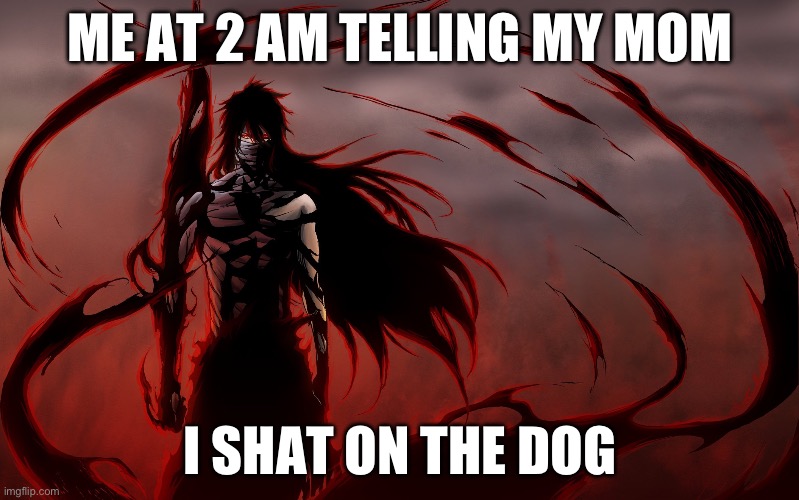 Relatable | ME AT 2 AM TELLING MY MOM; I SHAT ON THE DOG | image tagged in final getsuga tenshou,relatable,funny | made w/ Imgflip meme maker