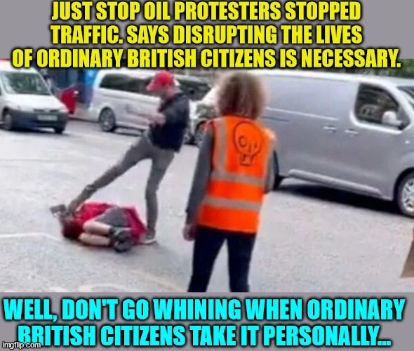 Didn't mommy and daddy teach you not to play in traffic? | JUST STOP OIL PROTESTERS STOPPED TRAFFIC. SAYS DISRUPTING THE LIVES OF ORDINARY BRITISH CITIZENS IS NECESSARY. WELL, DON'T GO WHINING WHEN ORDINARY BRITISH CITIZENS TAKE IT PERSONALLY... | image tagged in oil,protesters,triggered,libtards | made w/ Imgflip meme maker
