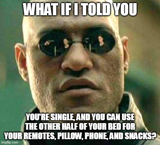 What if i told you | WHAT IF I TOLD YOU; YOU'RE SINGLE, AND YOU CAN USE THE OTHER HALF OF YOUR BED FOR YOUR REMOTES, PILLOW, PHONE, AND SNACKS? | image tagged in what if i told you,meme,memes,funny | made w/ Imgflip meme maker
