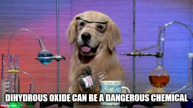Chemistry Dog | DIHYDROUS OXIDE CAN BE A DANGEROUS CHEMICAL | image tagged in chemistry dog | made w/ Imgflip meme maker