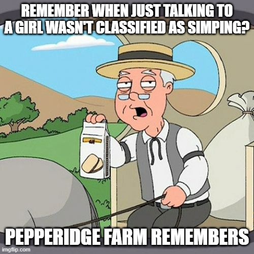 Gen Z be like: | REMEMBER WHEN JUST TALKING TO A GIRL WASN'T CLASSIFIED AS SIMPING? PEPPERIDGE FARM REMEMBERS | image tagged in memes,pepperidge farm remembers | made w/ Imgflip meme maker