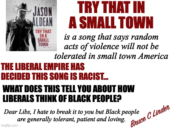 Try That in a Small Town | TRY THAT IN A SMALL TOWN; is a song that says random acts of violence will not be tolerated in small town America; THE LIBERAL EMPIRE HAS DECIDED THIS SONG IS RACIST... WHAT DOES THIS TELL YOU ABOUT HOW 
LIBERALS THINK OF BLACK PEOPLE? Dear Libs, I hate to break it to you but Black people
are generally tolerant, patient and loving. Bruce C Linder | image tagged in small town,jason aldean,anti-violence,racism,how libs see poc | made w/ Imgflip meme maker