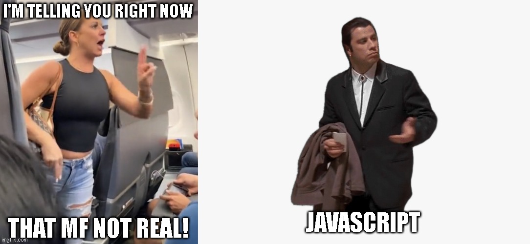 that js isnt real | I'M TELLING YOU RIGHT NOW; JAVASCRIPT; THAT MF NOT REAL! | image tagged in plane lady not real | made w/ Imgflip meme maker