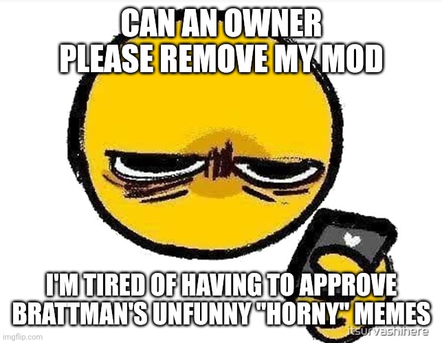 CAN AN OWNER PLEASE REMOVE MY MOD; I'M TIRED OF HAVING TO APPROVE BRATTMAN'S UNFUNNY "HORNY" MEMES | made w/ Imgflip meme maker