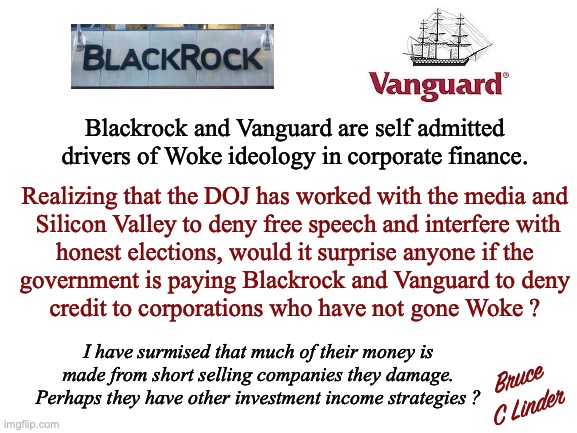 Blackrock, Vanguard, and the Federal Government | Blackrock and Vanguard are self admitted drivers of Woke ideology in corporate finance. Realizing that the DOJ has worked with the media and
 Silicon Valley to deny free speech and interfere with
honest elections, would it surprise anyone if the
government is paying Blackrock and Vanguard to deny
credit to corporations who have not gone Woke ? I have surmised that much of their money is made from short selling companies they damage. Perhaps they have other investment income strategies ? Bruce
C Linder | image tagged in blackrock,vanguard,federal government,short selling,consultation fees,enforcing government mandates | made w/ Imgflip meme maker