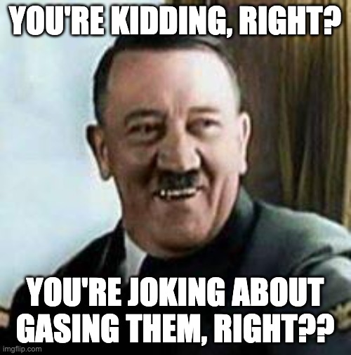 laughing hitler | YOU'RE KIDDING, RIGHT? YOU'RE JOKING ABOUT GASING THEM, RIGHT?? | image tagged in laughing hitler | made w/ Imgflip meme maker