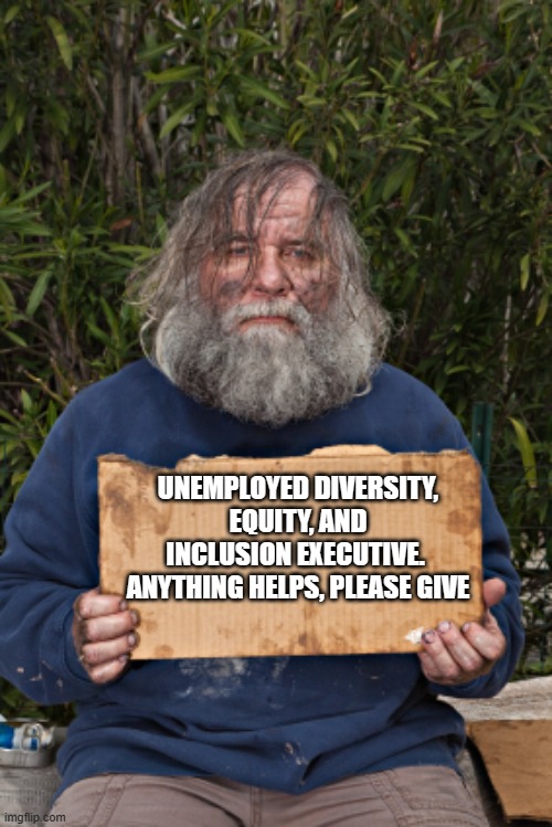 You can help an unemployed scammer! | UNEMPLOYED DIVERSITY, EQUITY, AND INCLUSION EXECUTIVE.  ANYTHING HELPS, PLEASE GIVE | image tagged in blak homeless sign,dei is dead,backlash,no forced racism,anti-white is still racism,go woke go broke | made w/ Imgflip meme maker