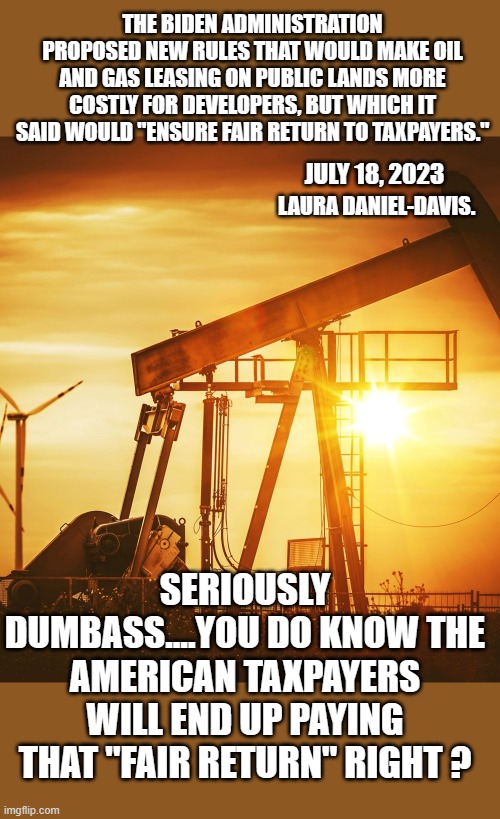 they have no grasp of economics | THE BIDEN ADMINISTRATION PROPOSED NEW RULES THAT WOULD MAKE OIL AND GAS LEASING ON PUBLIC LANDS MORE COSTLY FOR DEVELOPERS, BUT WHICH IT SAID WOULD "ENSURE FAIR RETURN TO TAXPAYERS."; JULY 18, 2023; LAURA DANIEL-DAVIS. SERIOUSLY DUMBASS....YOU DO KNOW THE AMERICAN TAXPAYERS WILL END UP PAYING THAT "FAIR RETURN" RIGHT ? | image tagged in democrats,joe biden,progressives | made w/ Imgflip meme maker