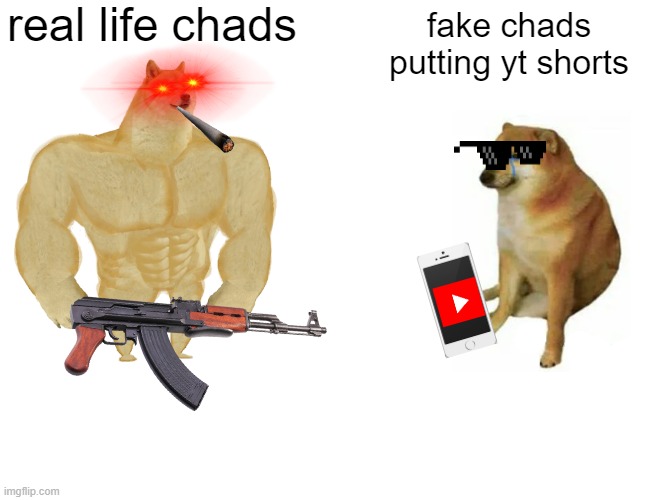 Buff Doge vs. Cheems Meme | real life chads; fake chads putting yt shorts | image tagged in memes,buff doge vs cheems | made w/ Imgflip meme maker