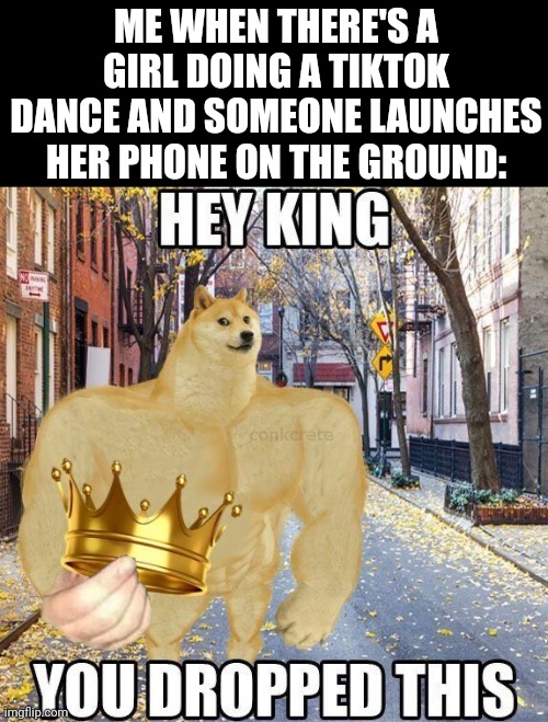 Bros Just a king | ME WHEN THERE'S A GIRL DOING A TIKTOK DANCE AND SOMEONE LAUNCHES HER PHONE ON THE GROUND: | image tagged in hey king you dropped this,memes,tiktok,funny,true | made w/ Imgflip meme maker
