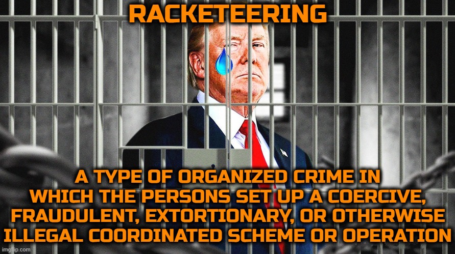 RACKETEERING | RACKETEERING; A TYPE OF ORGANIZED CRIME IN WHICH THE PERSONS SET UP A COERCIVE, FRAUDULENT, EXTORTIONARY, OR OTHERWISE ILLEGAL COORDINATED SCHEME OR OPERATION | image tagged in racketeering,crime,illegal,fraud,thug,extortion | made w/ Imgflip meme maker