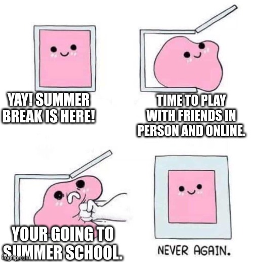 its the summer why do I need more sh*t | YAY! SUMMER BREAK IS HERE! TIME TO PLAY WITH FRIENDS IN PERSON AND ONLINE. YOUR GOING TO SUMMER SCHOOL. | image tagged in never again | made w/ Imgflip meme maker