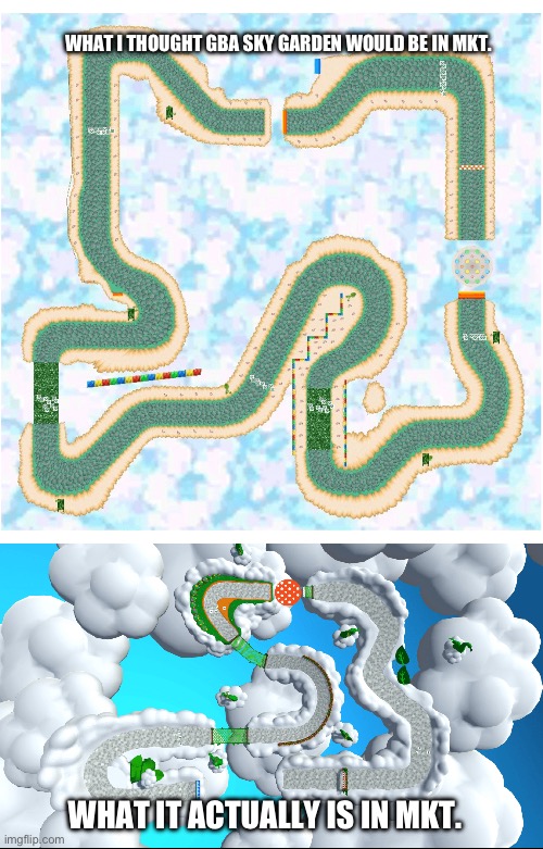Who would’ve thought Nintendo would make the GBA look like Garbage. | WHAT I THOUGHT GBA SKY GARDEN WOULD BE IN MKT. WHAT IT ACTUALLY IS IN MKT. | image tagged in mario kart | made w/ Imgflip meme maker