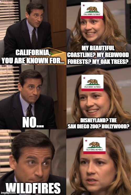 califonia be like is just fire | MY BEAUTIFUL COASTLINE? MY REDWOOD FORESTS? MY OAK TREES? CALIFORNIA, YOU ARE KNOWN FOR... NO... DISNEYLAND? THE SAN DIEGO ZOO? HOLLYWOOD? WILDFIRES | image tagged in you are known for,california | made w/ Imgflip meme maker