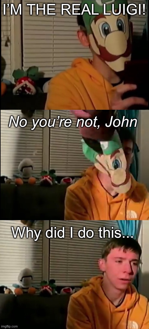 I made a new template for alts and memes | I’M THE REAL LUIGI! No you’re not, John; Why did I do this... | image tagged in mario party ds caught in 4k | made w/ Imgflip meme maker