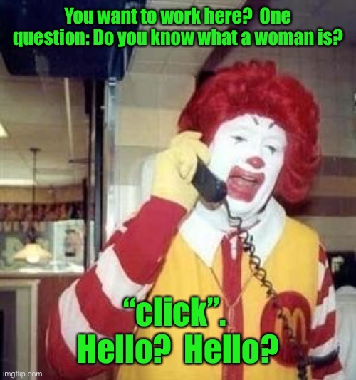 Ronald McDonald Temp | You want to work here?  One question: Do you know what a woman is? “click”.  Hello?  Hello? | image tagged in ronald mcdonald temp | made w/ Imgflip meme maker