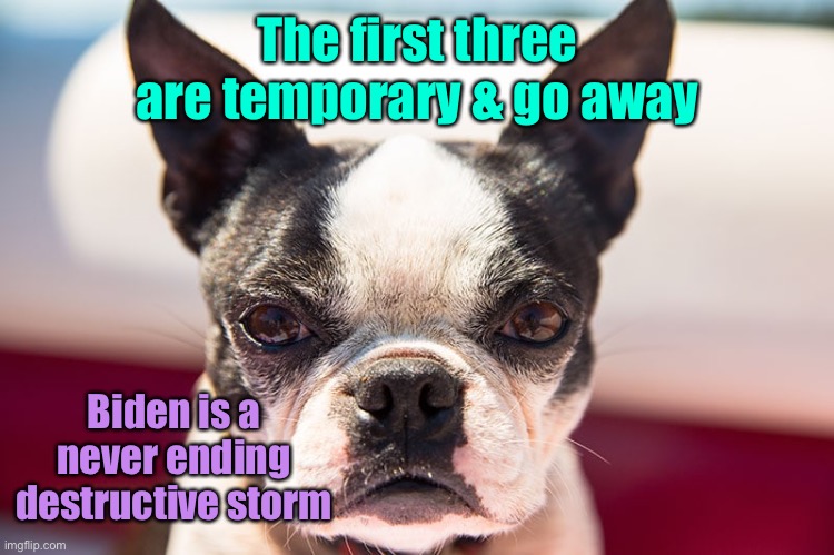 The first three are temporary & go away Biden is a never ending destructive storm | made w/ Imgflip meme maker