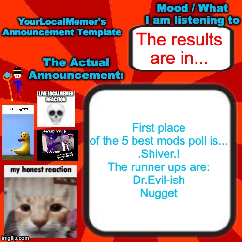 shiver wins again | The results are in... First place of the 5 best mods poll is...
.Shiver.!
The runner ups are:
Dr.Evil-ish
Nugget | image tagged in yourlocalmemer announcement temp 4 0 | made w/ Imgflip meme maker