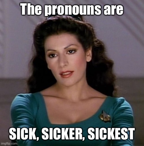 Counselor Deanna Troi | The pronouns are SICK, SICKER, SICKEST | image tagged in counselor deanna troi | made w/ Imgflip meme maker