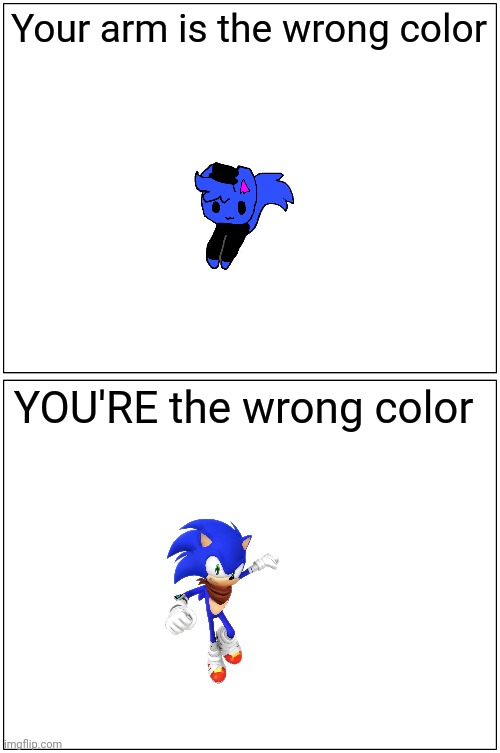 Blank Comic Panel 1x2 Meme | Your arm is the wrong color; YOU'RE the wrong color | image tagged in memes,blank comic panel 1x2 | made w/ Imgflip meme maker