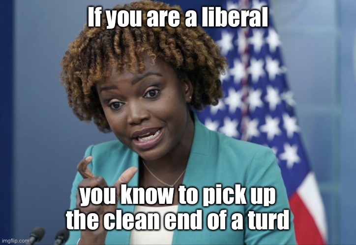 Press Secretary Karine Jean-Pierre | If you are a liberal you know to pick up the clean end of a turd | image tagged in press secretary karine jean-pierre | made w/ Imgflip meme maker