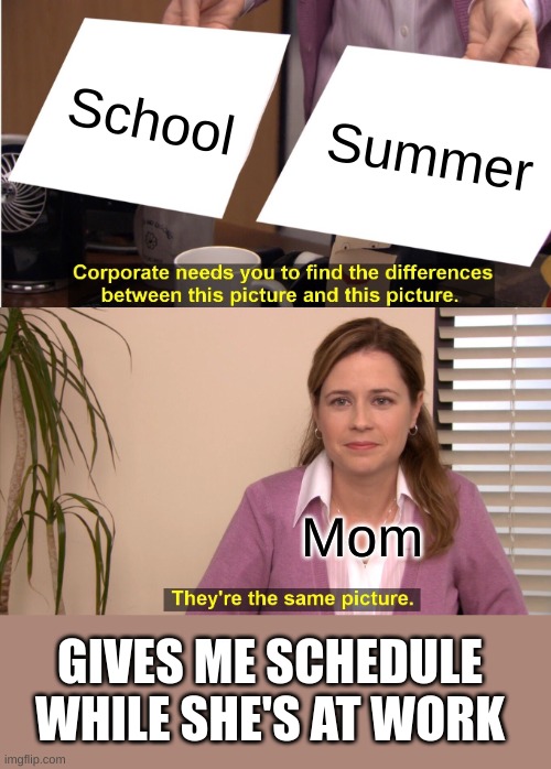 last I checked, summer never had a schedule, so just why | School; Summer; Mom; GIVES ME SCHEDULE WHILE SHE'S AT WORK | image tagged in memes,they're the same picture,school,summer | made w/ Imgflip meme maker