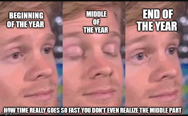 How time really goes so fast you don't even realize the middle of the year | MIDDLE OF THE YEAR; END OF THE YEAR; BEGINNING OF THE YEAR; HOW TIME REALLY GOES SO FAST YOU DON'T EVEN REALIZE THE MIDDLE PART | image tagged in blinking guy,funny memes,middle year is never realized for some reason,funny,white guy blinking | made w/ Imgflip meme maker