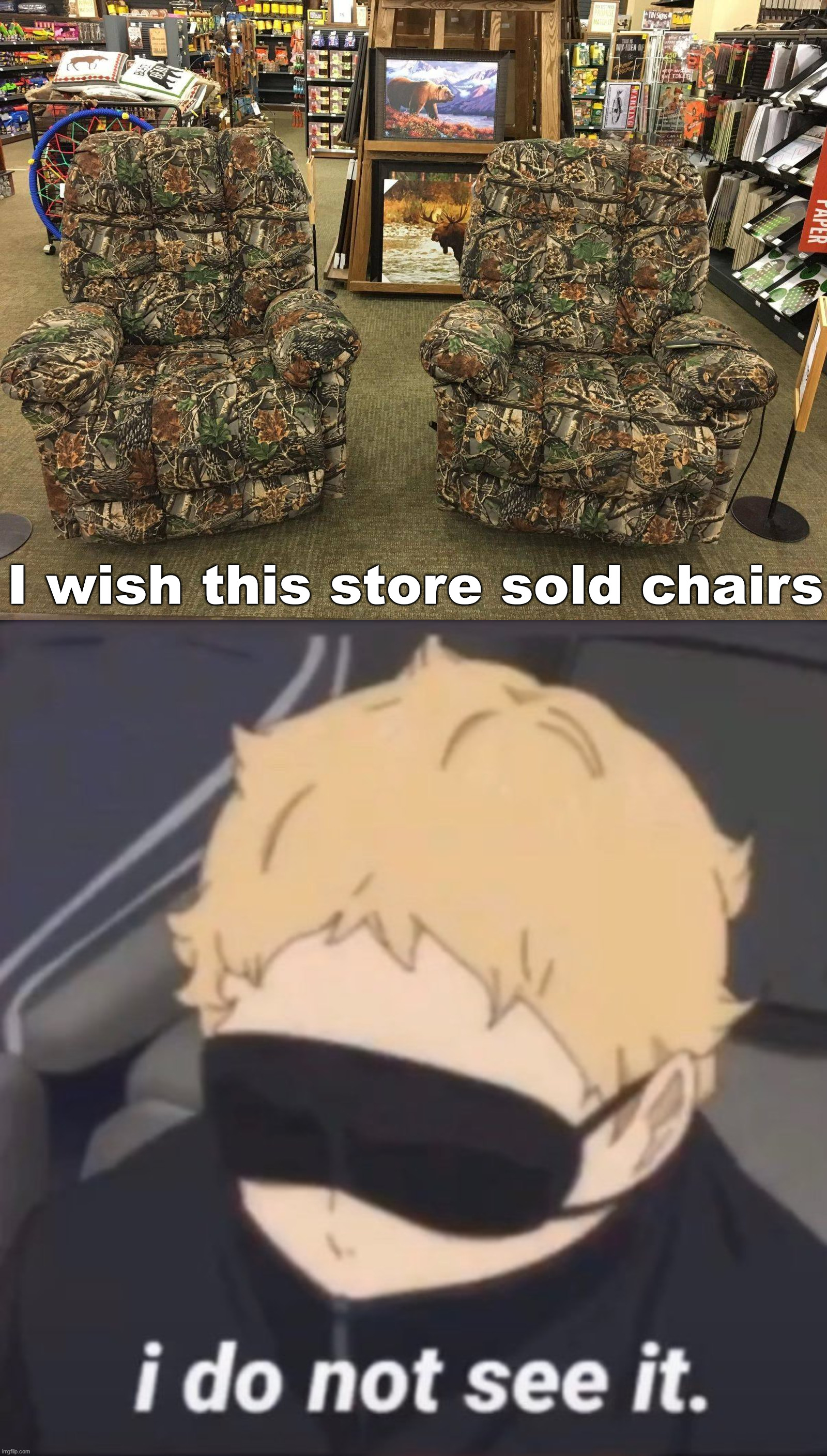 I thought this was a furniture store? | I wish this store sold chairs | image tagged in i do not see it,camouflage,furniture,selling | made w/ Imgflip meme maker