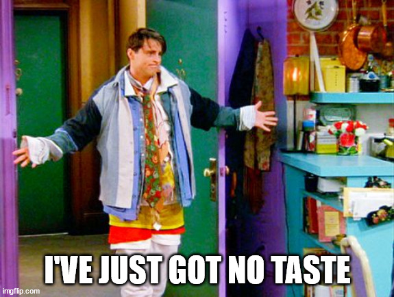 Joey wearing Chandler's clothes | I'VE JUST GOT NO TASTE | image tagged in joey wearing chandler's clothes | made w/ Imgflip meme maker