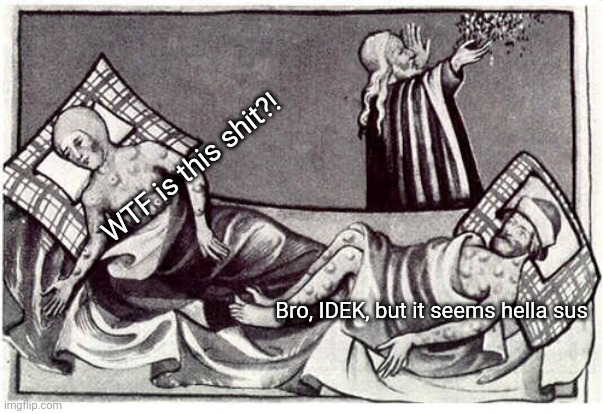 Black Death | WTF is this shit?! Bro, IDEK, but it seems hella sus | image tagged in black death | made w/ Imgflip meme maker