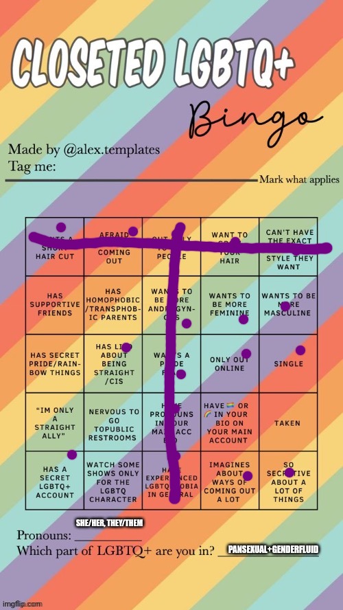 Closeted LGBTQ+ Bingo | SHE/HER, THEY/THEM; PANSEXUAL+GENDERFLUID | image tagged in closeted lgbtq bingo | made w/ Imgflip meme maker
