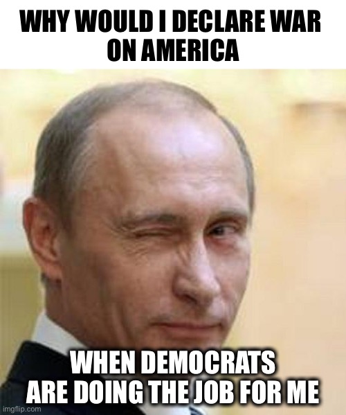 Things that make you go Hmmm… | WHY WOULD I DECLARE WAR 
ON AMERICA; WHEN DEMOCRATS ARE DOING THE JOB FOR ME | image tagged in putin winking | made w/ Imgflip meme maker