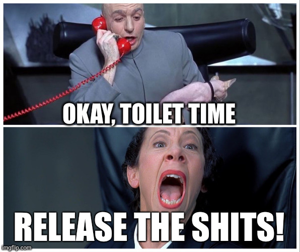 Dr Evil and Frau Yelling | OKAY, TOILET TIME RELEASE THE SHITS! | image tagged in dr evil and frau yelling | made w/ Imgflip meme maker