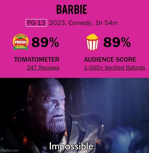 I'm seeing this with my friends next week lol | image tagged in thanos impossible,barbie,rotten tomatoes,review | made w/ Imgflip meme maker