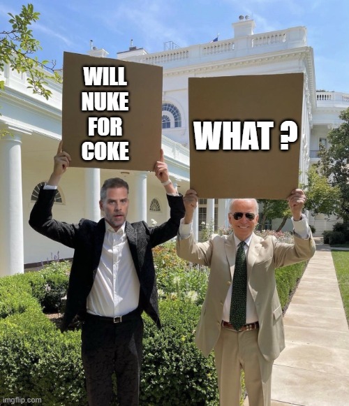 The Bidens | WILL
NUKE
FOR
COKE; WHAT ? | image tagged in template 1,joe biden,biden,hunter biden | made w/ Imgflip meme maker