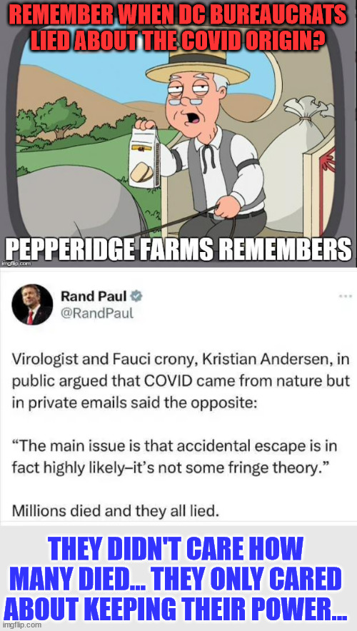 Never forget... Never forgive... Never Comply | REMEMBER WHEN DC BUREAUCRATS LIED ABOUT THE COVID ORIGIN? THEY DIDN'T CARE HOW MANY DIED... THEY ONLY CARED ABOUT KEEPING THEIR POWER... | image tagged in pepperidge farms remembers,covid,truth | made w/ Imgflip meme maker