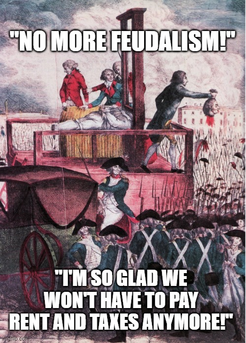 The French Revolution Didn't End Poverty | "NO MORE FEUDALISM!"; "I'M SO GLAD WE WON'T HAVE TO PAY RENT AND TAXES ANYMORE!" | image tagged in guillotine,revolution,french revolution,billionaire,socialism,democratic socialism | made w/ Imgflip meme maker