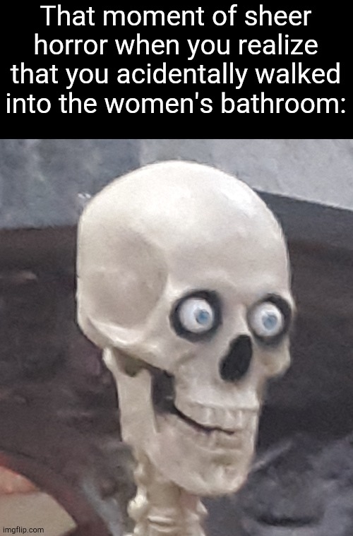 Where’s all the urinal… oh sh- | That moment of sheer horror when you realize that you acidentally walked into the women's bathroom: | image tagged in traumatized skeleton,memes,funny,oh shi-,uh oh,bathroom | made w/ Imgflip meme maker