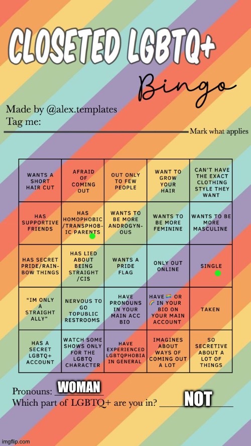 And that’s where the similarities end | WOMAN; NOT | image tagged in closeted lgbtq bingo | made w/ Imgflip meme maker