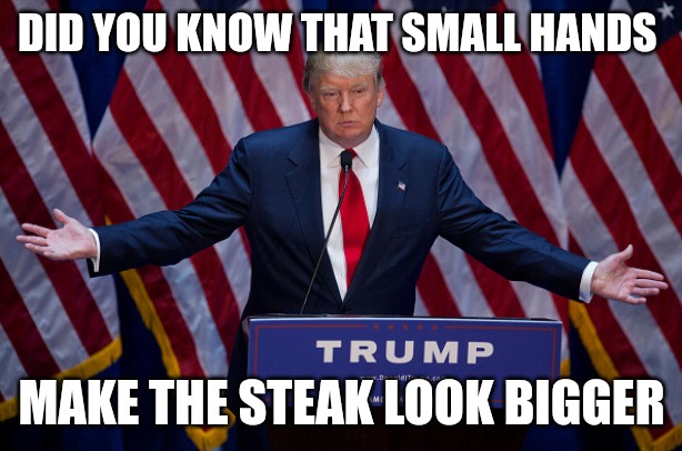 Donald Trump has Small Hands | DID YOU KNOW THAT SMALL HANDS; MAKE THE STEAK LOOK BIGGER | image tagged in donald trump,true story,trump,trump meme,donald trump approves | made w/ Imgflip meme maker