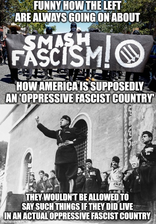 If you lived in an actual oppressive fascist country, you wouldn't be allowed to call it an oppressive fascist country | FUNNY HOW THE LEFT ARE ALWAYS GOING ON ABOUT; HOW AMERICA IS SUPPOSEDLY AN 'OPPRESSIVE FASCIST COUNTRY'; THEY WOULDN'T BE ALLOWED TO SAY SUCH THINGS IF THEY DID LIVE IN AN ACTUAL OPPRESSIVE FASCIST COUNTRY | image tagged in antifa,stupid liberals,liberal logic,snowflakes | made w/ Imgflip meme maker