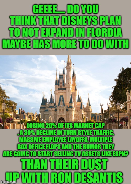 Do ya think the MSM is spinning? | GEEEE.... DO YOU THINK THAT DISNEYS PLAN TO NOT EXPAND IN FLORDIA MAYBE HAS MORE TO DO WITH; LOSING 20% OF ITS MARKET CAP , A 30% DECLINE IN TURN STYLE TRAFFIC, MASSIVE EMPLOYEE LAYOFFS, MULTIPLE BOX OFFICE FLOPS AND THE RUMOR THEY ARE GOING TO START SELLING TV ASSETS LIKE ESPN? THAN THEIR DUST UP WITH RON DESANTIS | image tagged in disney world,democrats | made w/ Imgflip meme maker