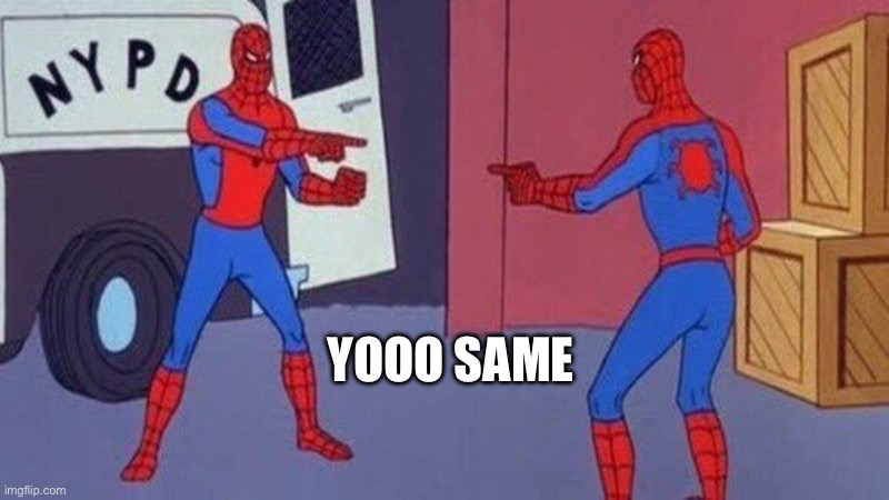 spiderman pointing at spiderman | YOOO SAME | image tagged in spiderman pointing at spiderman | made w/ Imgflip meme maker