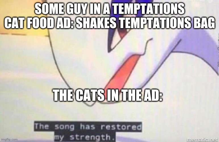 This Song Has Restored My Strength | SOME GUY IN A TEMPTATIONS CAT FOOD AD: SHAKES TEMPTATIONS BAG; THE CATS IN THE AD: | image tagged in this song has restored my strength | made w/ Imgflip meme maker