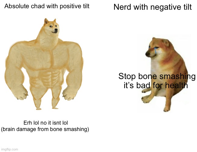 Looksmaxing lol | Absolute chad with positive tilt; Nerd with negative tilt; Stop bone smashing it’s bad for health; Erh lol no it isnt lol (brain damage from bone smashing) | image tagged in memes,buff doge vs cheems | made w/ Imgflip meme maker