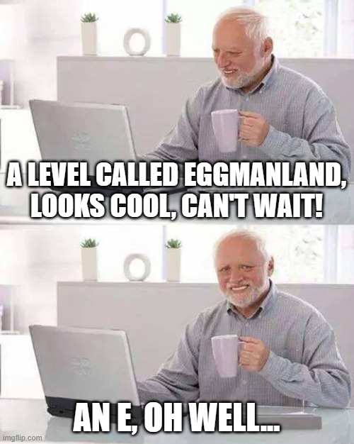eggmanland | A LEVEL CALLED EGGMANLAND, LOOKS COOL, CAN'T WAIT! AN E, OH WELL... | image tagged in memes,hide the pain harold | made w/ Imgflip meme maker