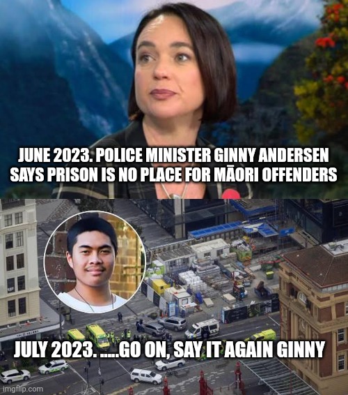 Auckland mass shooting | JUNE 2023. POLICE MINISTER GINNY ANDERSEN SAYS PRISON IS NO PLACE FOR MĀORI OFFENDERS; JULY 2023. .....GO ON, SAY IT AGAIN GINNY | image tagged in ginny anderson,labour party,new zealand,mass shooting | made w/ Imgflip meme maker