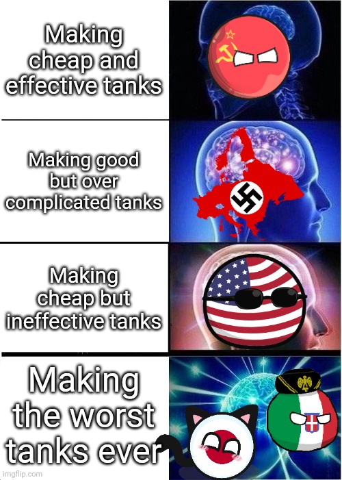 Bruh | Making cheap and effective tanks; Making good but over complicated tanks; Making cheap but ineffective tanks; Making the worst tanks ever | image tagged in memes,expanding brain | made w/ Imgflip meme maker