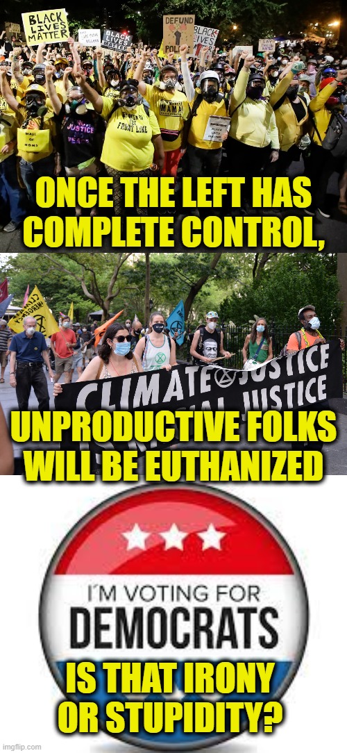 Ironic or Stupid? | ONCE THE LEFT HAS
COMPLETE CONTROL, UNPRODUCTIVE FOLKS
WILL BE EUTHANIZED; IS THAT IRONY
OR STUPIDITY? | made w/ Imgflip meme maker